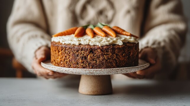 Carrot Cake Loaf on Modern Countertop with Fresh Carrots and Simple Cake Stand