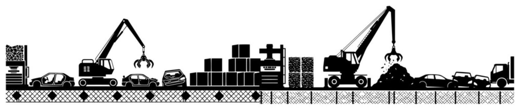 Industrial waste recycling center with cranes sorting scrap metal and cars