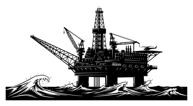 Offshore oil rig platform drilling for petroleum in rough ocean waves