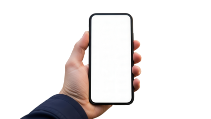 Hand holding smartphone with white screen in front of blurred lake view Isolated on Transparent Background