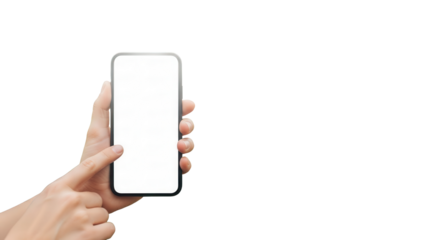 Hand holding smartphone with white screen in front of blurred garden center Isolated on Transparent Background
