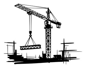 Construction site with tower crane lifting heavy building material sketch