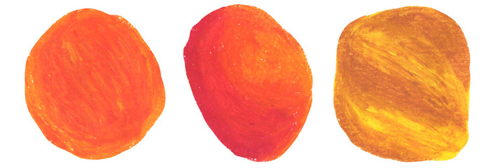 Abstract hand drawing bright orange red and brown crayon oil pastel textured round blobs set. Abstract creative watercolor circle sun shape for sunny banner design, texture frame background