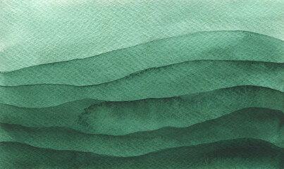 Watercolour layered deep green wavy paper cut water border background. Hand painting aquamarine forest watercolor overlay ocean waves frame for marine banner, invitation, nature poster design