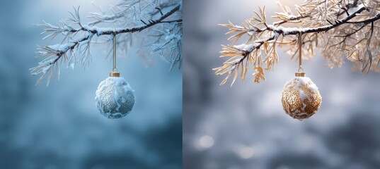 Frosted pine branch with hanging bauble and snow dust texture