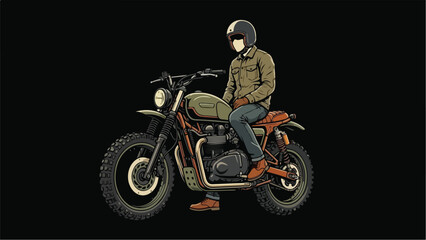 A lone rider on a classic motorcycle against a dark background.