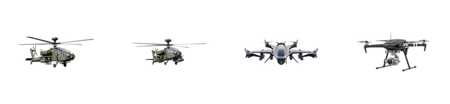 Collection of military attack helicopters and unmanned aerial drones showing modern aviation technology for warfare, surveillance, and reconnaissance operations in a detailed set