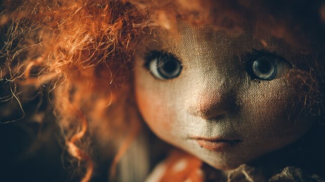 Close up of a vintage doll face with orange hair