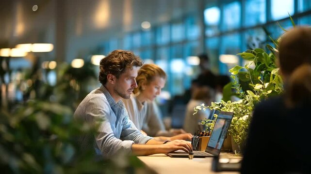 Contemporary biophilic workspace design faceless employees soft flexible environment comfortable work zones natural element integration plant filled office scene with copy