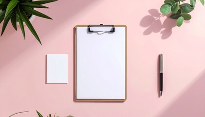 A topdown view of a pink desk with a clipboard blank paper a card a pen and green plants lit by strong sunlight