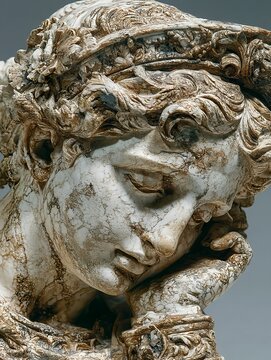 Cracked ancient bust of a divine protector carved with serene melancholy