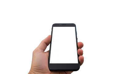 Hand holding smartphone with empty white screen in front of blurred harbor view Isolated on Transparent Background