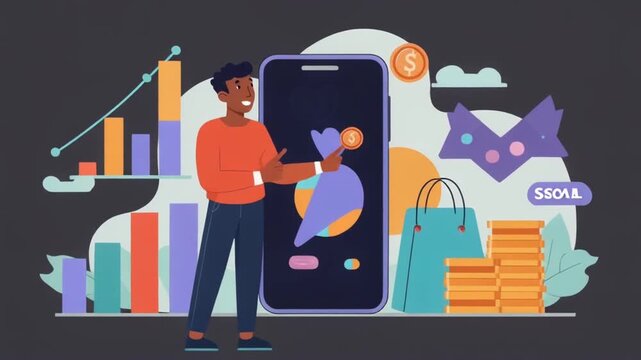 Man using smartphone app for finance management and shopping