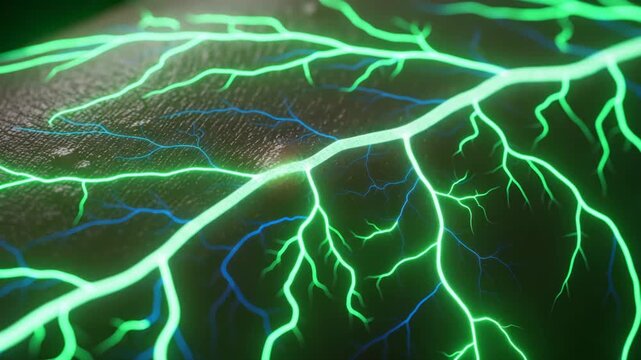 Vivid Green and Blue Veins Flowing Under Dark Skin Illuminated with Neon Glow