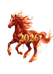 Fiery Horse 2026 Chinese Zodiac Illustration: Vibrant digital art depicting a flaming red horse with integrated golden 2026 text, symbolizing the Year of the Fire Horse. Ideal for Lunar New Year desig