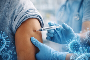 Doctor giving flu vaccine shot to patient in clinic with virus illustration, disease prevention and immunization concept.