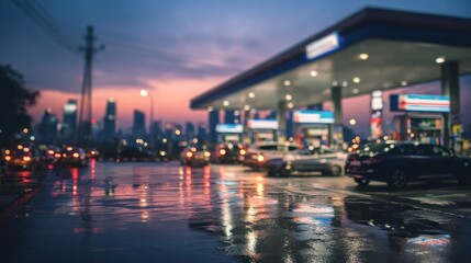 Obraz premium Gas station and vehicles at dusk