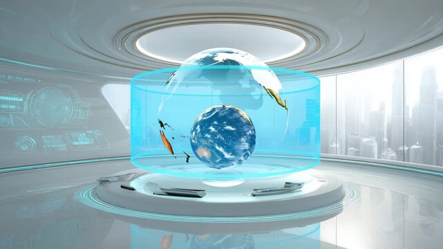 未来都市を望む、地球ホログラムの制御室