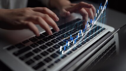 A close-up of a person hands typing on a laptop keyboard with a financial growth graph overlay, representing progress, data analytics, and modern business technology. Copula