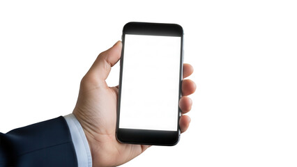 Hand holding smartphone with empty white screen during business meeting setup Isolated on Transparent Background