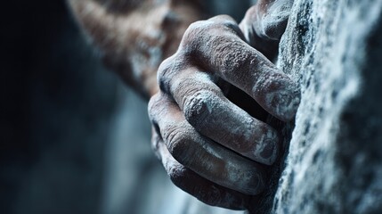 Close up of rock climbers hand gripping a rock face