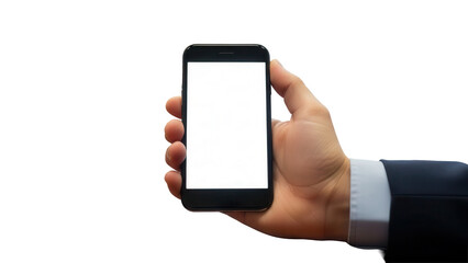 Hand holding smartphone with empty white screen during business meeting setup Isolated on Transparent Background