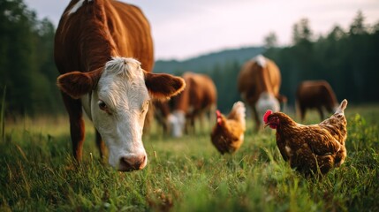 Cows and chickens grazing in a grassy field