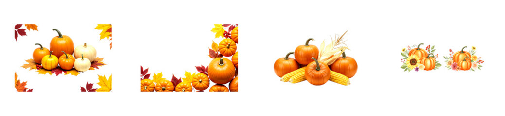 Obraz premium Set of four autumn harvest compositions featuring pumpkins, colorful fall leaves, corn cobs, and floral arrangements for seasonal holiday decoration and design elements