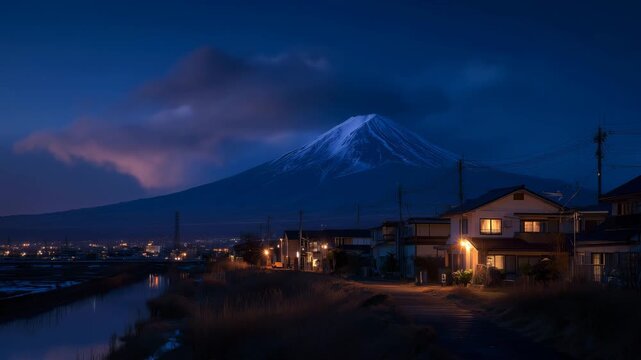 宵の富士山と街明かりが灯る郊外の風景写真