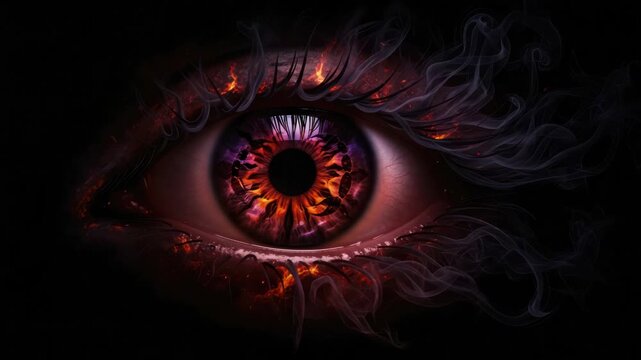 Enigmatic fiery eye with swirling smoke and sparks on a black background