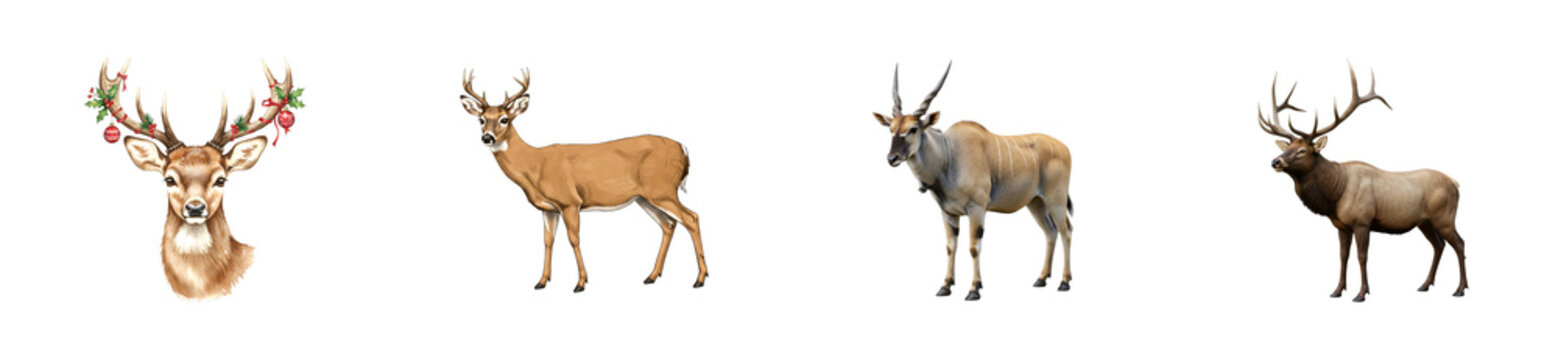 Collection of four antlered and horned animals including a Christmas deer, white-tailed deer, eland antelope, and an elk, showcasing both illustration and photographic styles