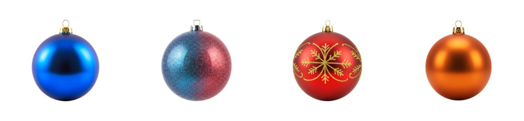 Four colorful oval Christmas tree ornaments with various textures including shiny blue, glittery red, matte red with a gold snowflake, and metallic orange for festive holiday decor