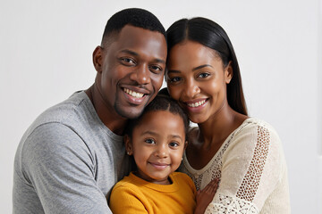Fototapeta premium Happy african american family portrait with father mother and little daughter hugging and smiling together in studio for love and parenting lifestyle concept