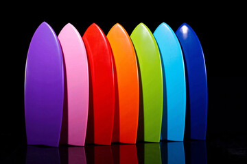 Row of bright colorful surfboard decks standing vertically in studio with reflection on black background for summer beach water sport vacation concept