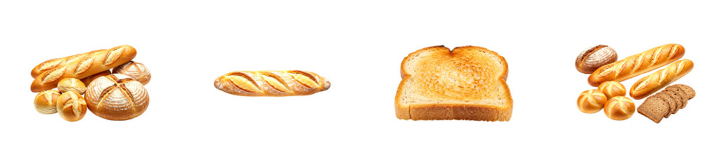 Diverse collection of freshly baked bread including baguettes, round loaves, toasted slices, and small rolls presented as a beautiful assortment for a culinary concept