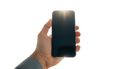 Hand holding smartphone with empty screen in front of blurred car dealership Isolated on Transparent Background