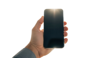 Hand holding smartphone with empty screen in front of blurred car dealership Isolated on Transparent Background