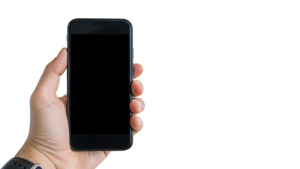 Hand holding smartphone with empty screen in front of blurred airport gate Isolated on Transparent Background