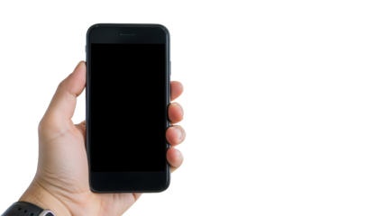 Hand holding smartphone with empty screen in front of blurred airport gate Isolated on Transparent Background