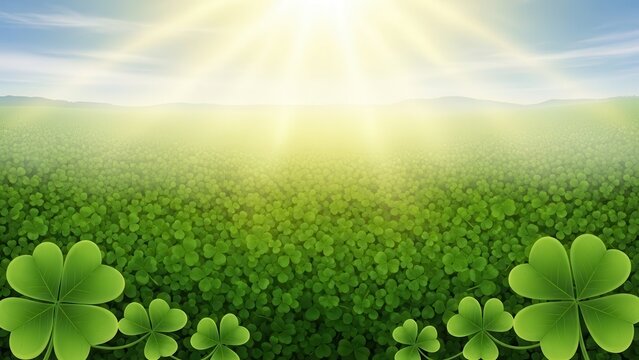 Lush green clover field under sunny blue sky with hills