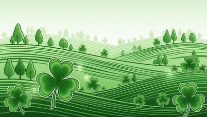 Lucky green hills with shamrocks and trees on St. Patrick's Day