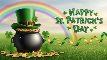 Happy St. Patrick's Day celebration with pot of gold coins