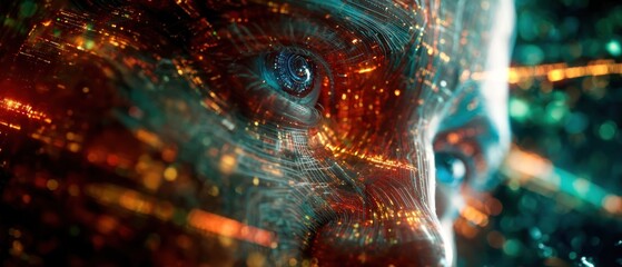 Abstract futuristic digital human portrait close up eye view