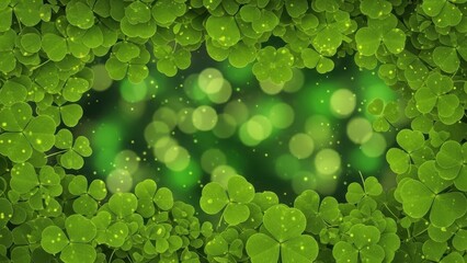 Lucky green clover leaves with dew drops and bokeh lights background