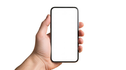 Hand holding smartphone with blank white screen over light wood texture background Isolated on Transparent Background