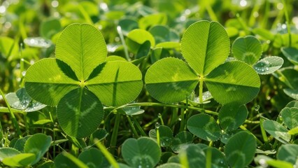 Lucky four leaf clovers in lush green field with dew drops