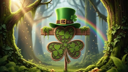 Whimsical St. Patrick's Day sign with shamrocks and rainbow