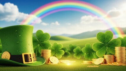Leprechaun's treasure trove with gold coins and rainbow