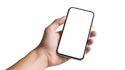Hand holding smartphone with blank white screen over light wood texture background Isolated on Transparent Background