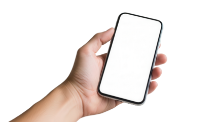 Hand holding smartphone with blank white screen over light wood texture background Isolated on Transparent Background
